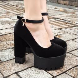 Black Velvet Punk Rock Thick Chunky Sole High Heels Mary Jane Shoes	