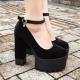 Black Velvet Punk Rock Thick Chunky Sole High Heels Mary Jane Shoes Mary Jane Zvoof