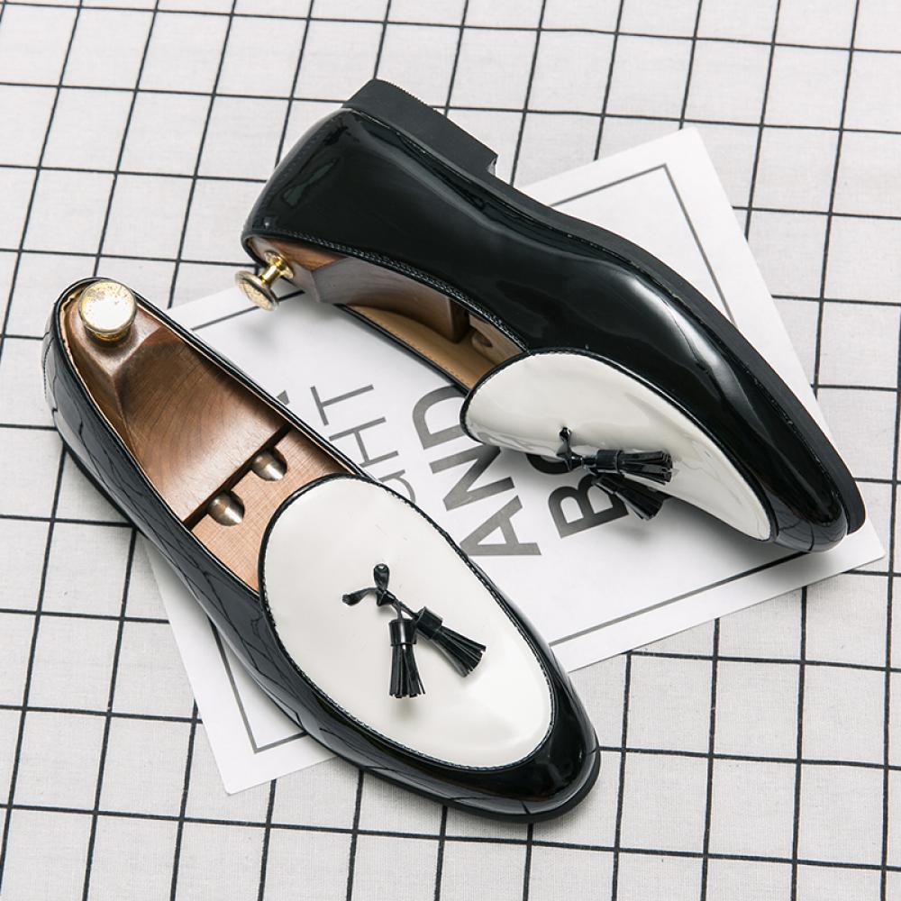 Black White Glossy Patent Tassels Mens Loafers Prom Flats 8801