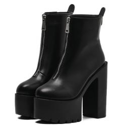 Black Zipper Funky Chunky Block Sole Ankle High Heels Boots Shoes