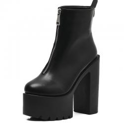 Black Zipper Funky Chunky Block Sole Ankle High Heels Boots Shoes