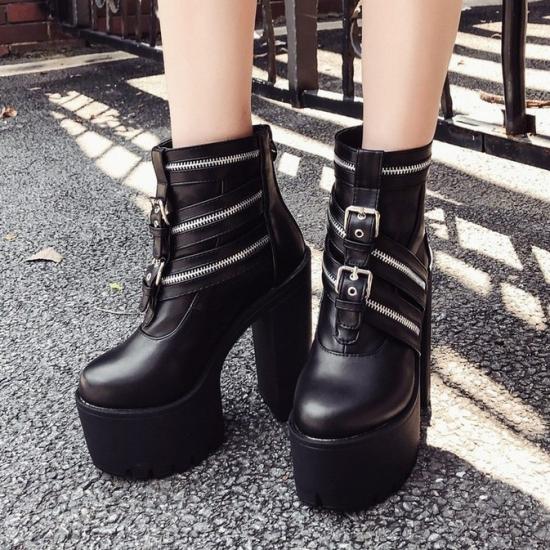 Black Zippers Buckles Chunky Block Sole Ankle High Heels Boots Shoes Platforms Zvoof
