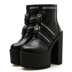 Black Zippers Buckles Chunky Block Sole Ankle High Heels Boots Shoes