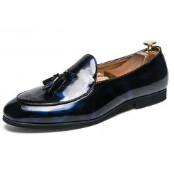 Blue Glossy Patent Tassels Mens Loafers Prom Flats Dress Shoes