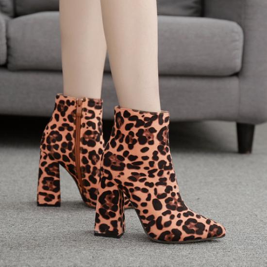 Brown Suede Leopard Print Ankle Block High Heels Boots High Heels Zvoof