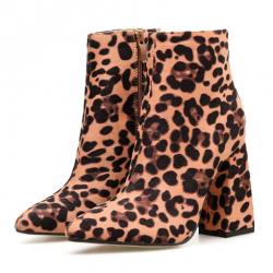 Brown Suede Leopard Print Ankle Block High Heels Boots