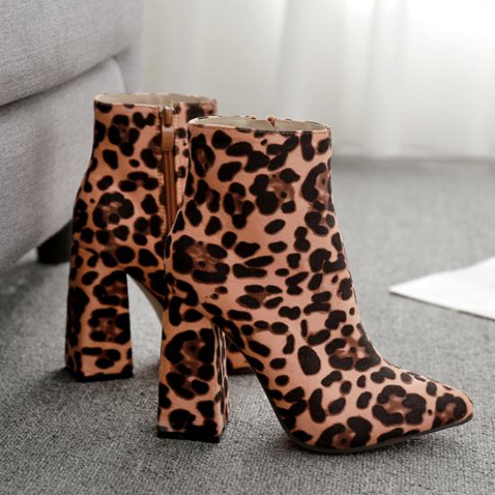 Brown Suede Leopard Print Ankle Block High Heels Boots High Heels Zvoof