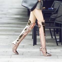 Gold Mirror Long Knee Pointed Head High Stiletto Heels Stage Boots