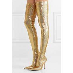 Gold Sequins Holographic Thigh Long Over  Knee Pointed Head High Stiletto Heels Stage Boots