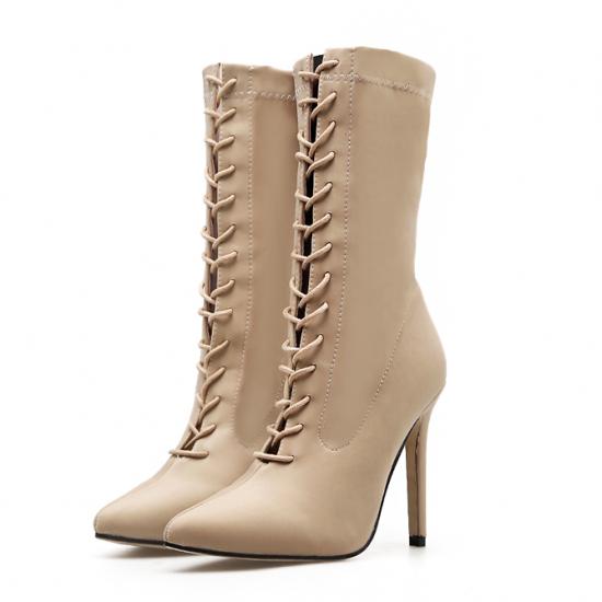 Khaki Satin Lace Up Funky Punk Rock Pointed Head High Stiletto Heels Boots High Heels Zvoof