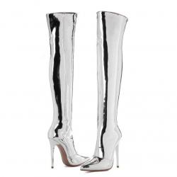 Silver Mirror Long  Knee Pointed Head High Stiletto Heels Stage Boots