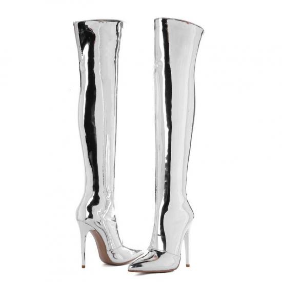 Silver Mirror Long  Knee Pointed Head High Stiletto Heels Stage Boots Boots Zvoof