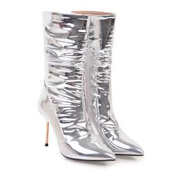 Silver Mirror Mid Long Knee Pointed Head High Stiletto Heels Stage Boots