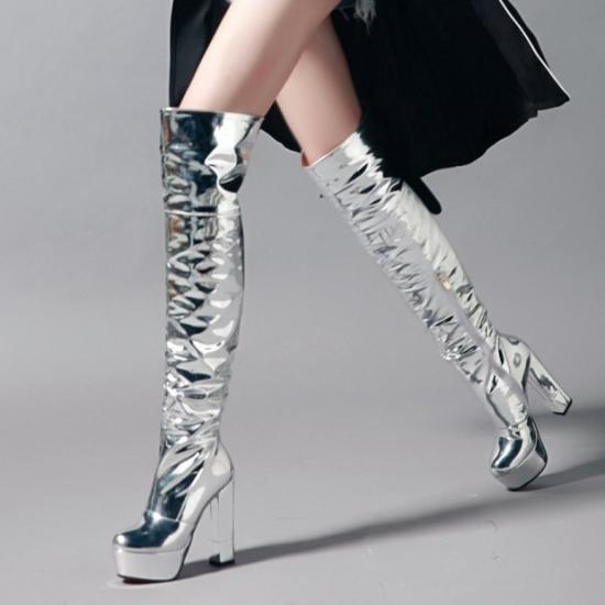 Silver Mirror Thigh High Long Over The Knee Platforms Super High Block Heels Boots Boots Zvoof