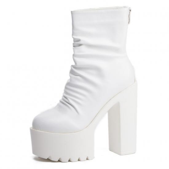 White Funky Chunky Block Sole Ankle High Heels Boots Shoes Platforms Zvoof