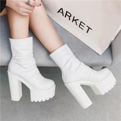 White Funky Chunky Block Sole Ankle High Heels Boots Shoes