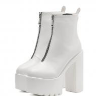 White Zipper Funky Chunky Block Sole Ankle High Heels Boots Shoes