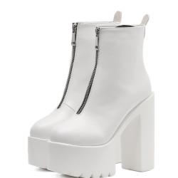 White Zipper Funky Chunky Block Sole Ankle High Heels Boots Shoes