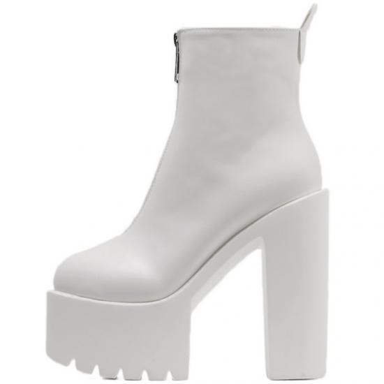 White Zipper Funky Chunky Block Sole Ankle High Heels Boots Shoes Platforms Zvoof
