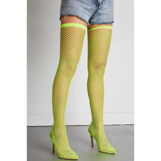 Yellow Fish Net Long Over Knee Stockings Pointed Head High Stiletto Heels Boots High Heels Zvoof