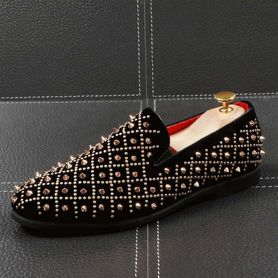 Black Cross Gold Spikes Punk Mens Loafers Flats Dress Shoes Loafers Zvoof
