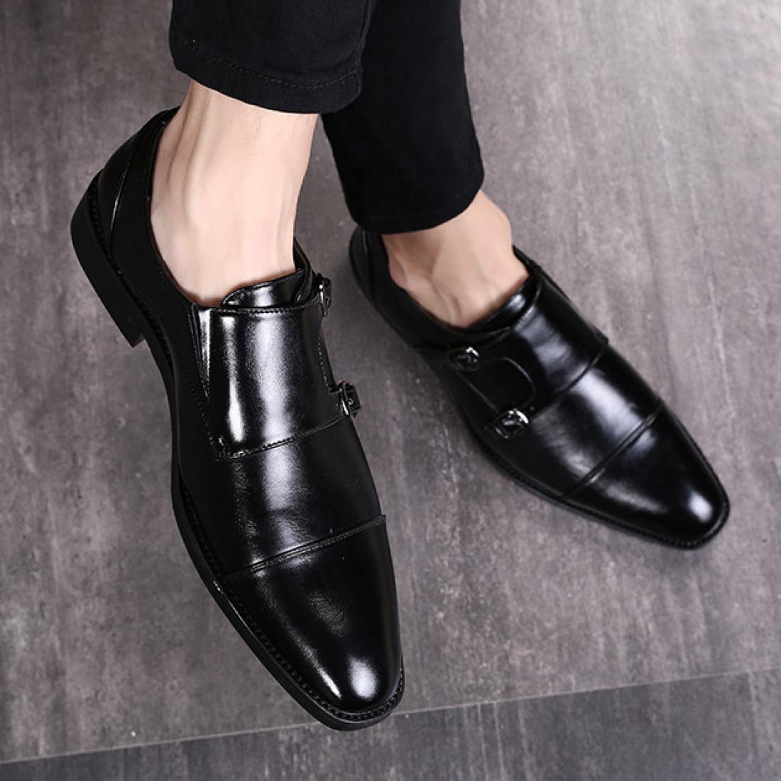 Black Double Monk Straps Mens Loafers Flats Dress Shoes ...