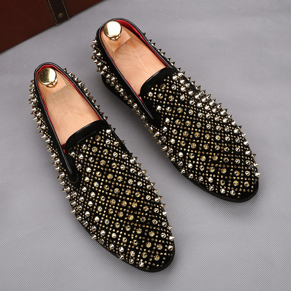 Black Gold Studs Spikes Punk Mens Loafers Flats Dress Shoes ...