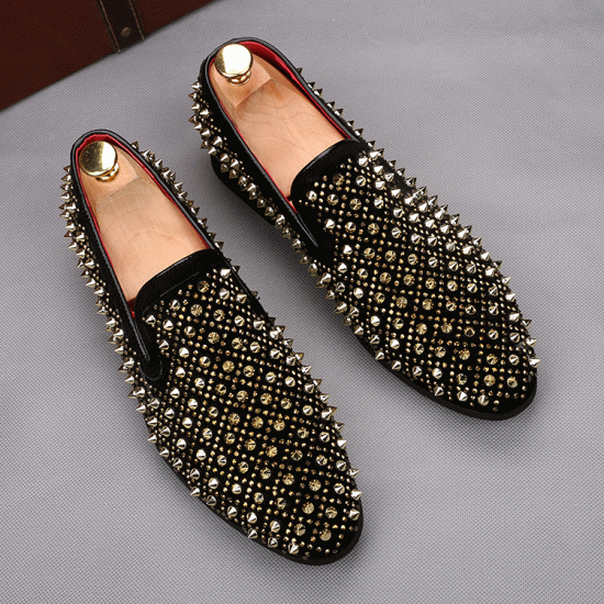 Black Gold Studs Spikes Punk Mens Loafers Flats Dress Shoes Loafers Zvoof