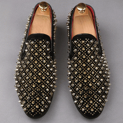 Black Gold Studs Spikes Punk Mens Loafers Flats Dress Shoes