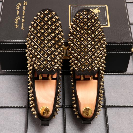 Black Gold Studs Spikes Punk Mens Loafers Flats Dress Shoes Loafers Zvoof