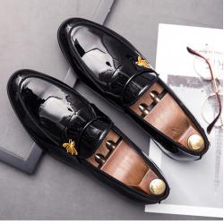 Black Patent Glossy Gold Bee Mens Loafers Business Flats Dress Shoes