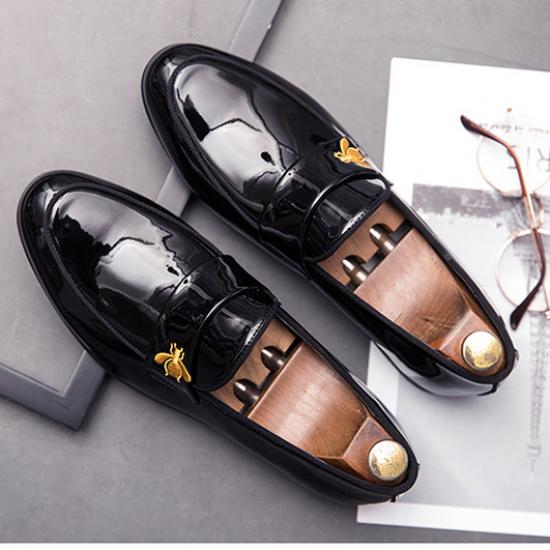 Black Patent Glossy Gold Bee Mens Loafers Business Flats Dress Shoes Loafers Zvoof