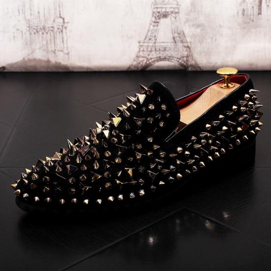 Black Suede Gold Spikes Punk Mens Loafers Flats Dress Shoes Loafers Zvoof