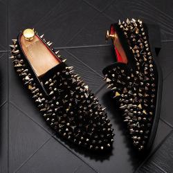 Black Suede Gold Spikes Punk Mens Loafers Flats Dress Shoes