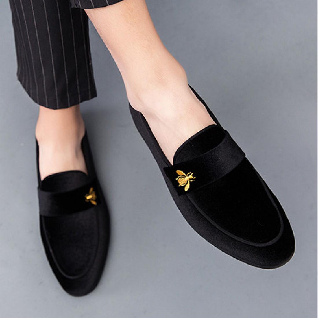 Black Velvet Gold Bee Mens Loafers Business Flats Dress Shoes 5732