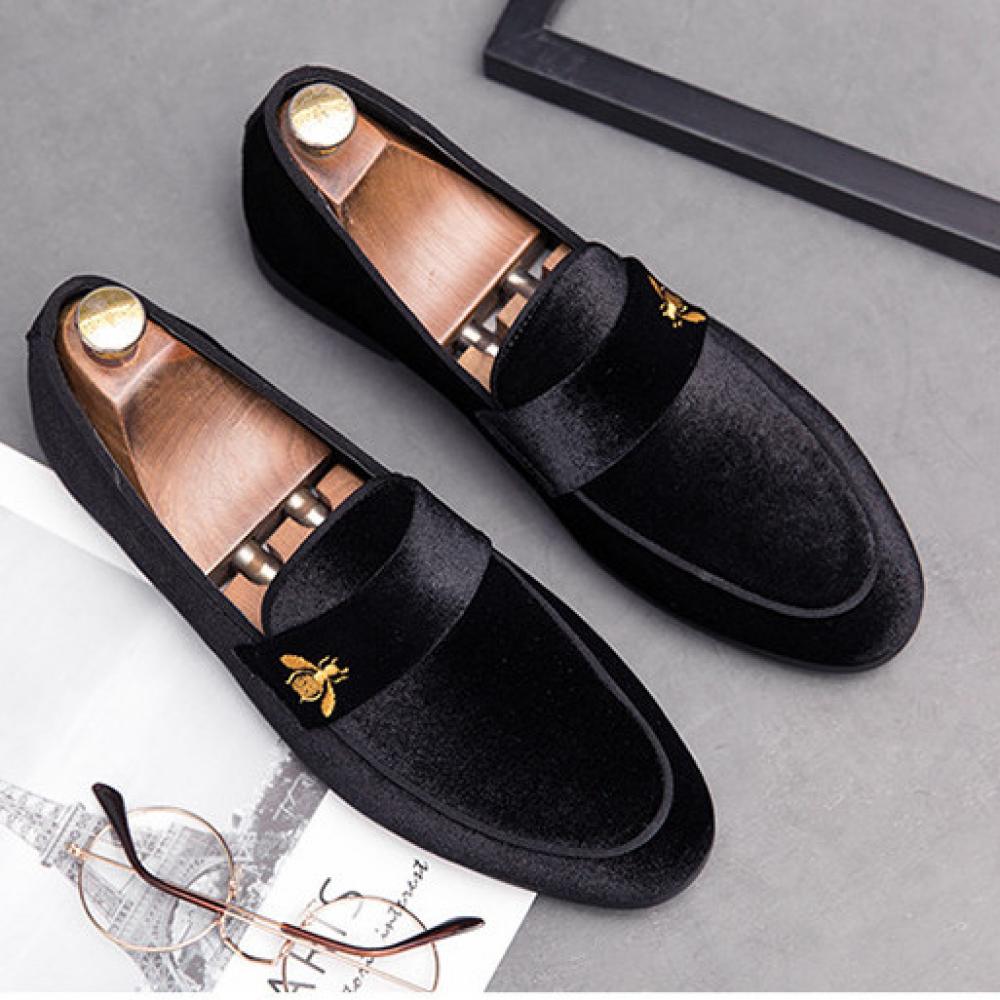 Black Velvet Gold Bee Mens Loafers Business Flats Dress Shoes 7553