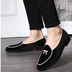 Black White Mini Bow Velvet Mens Loafers Flats Dress Shoes