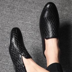 Black ZigZag Leather Dapper Mens Loafers Flats Dress Shoes