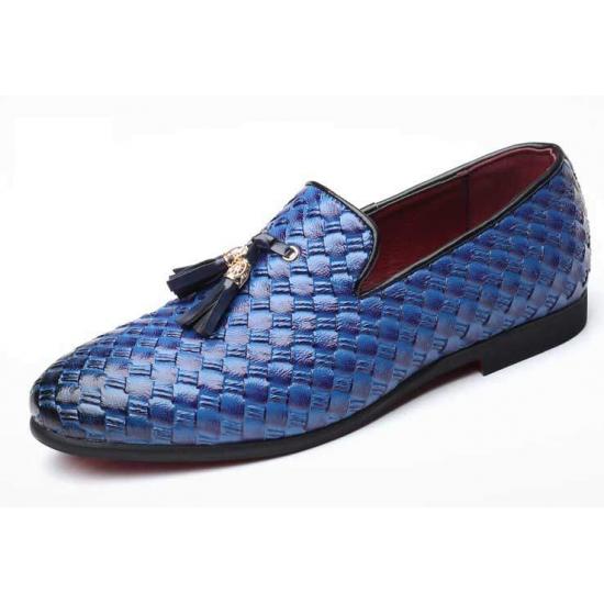 Blue Knitted Leather Tassels Dapper Mens Loafers Dress Shoes Loafers Zvoof