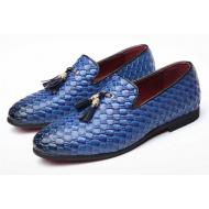Blue Knitted Leather Tassels Dapper Mens Loafers Dress Shoes