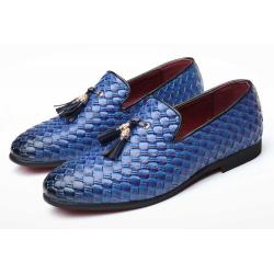 Blue Knitted Leather Tassels Dapper Mens Loafers Dress Shoes