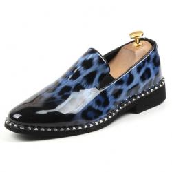 Blue Leopard Patent Spikes Punk Mens Loafers Flats Dress Shoes