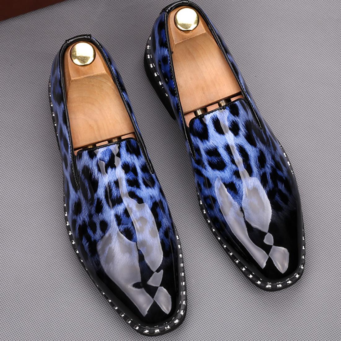 Blue Leopard Patent Spikes Punk Mens Loafers Flats Dress ...