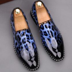 Blue Leopard Patent Spikes Punk Mens Loafers Flats Dress Shoes