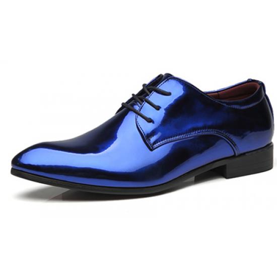 Blue Metallic Mirror Pointed Head Lace Up Mens Oxfords Shoes ...