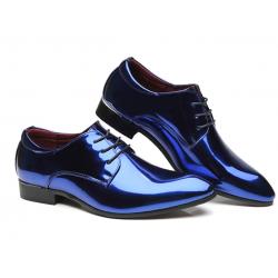Blue Metallic Mirror Pointed Head Lace Up Mens Oxfords Shoes