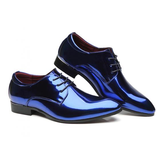 Blue Metallic Mirror Pointed Head Lace Up Mens Oxfords Shoes Oxfords Zvoof
