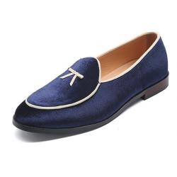 Blue Navy Mini Bow Velvet Mens Loafers Flats Dress Shoes