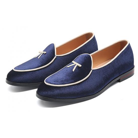 Blue Navy Mini Bow Velvet Mens Loafers Flats Dress Shoes ...