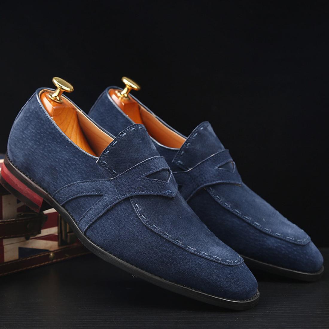 Blue Navy Suede Stitches Dapper Mens Loafers Dress Shoes 7306